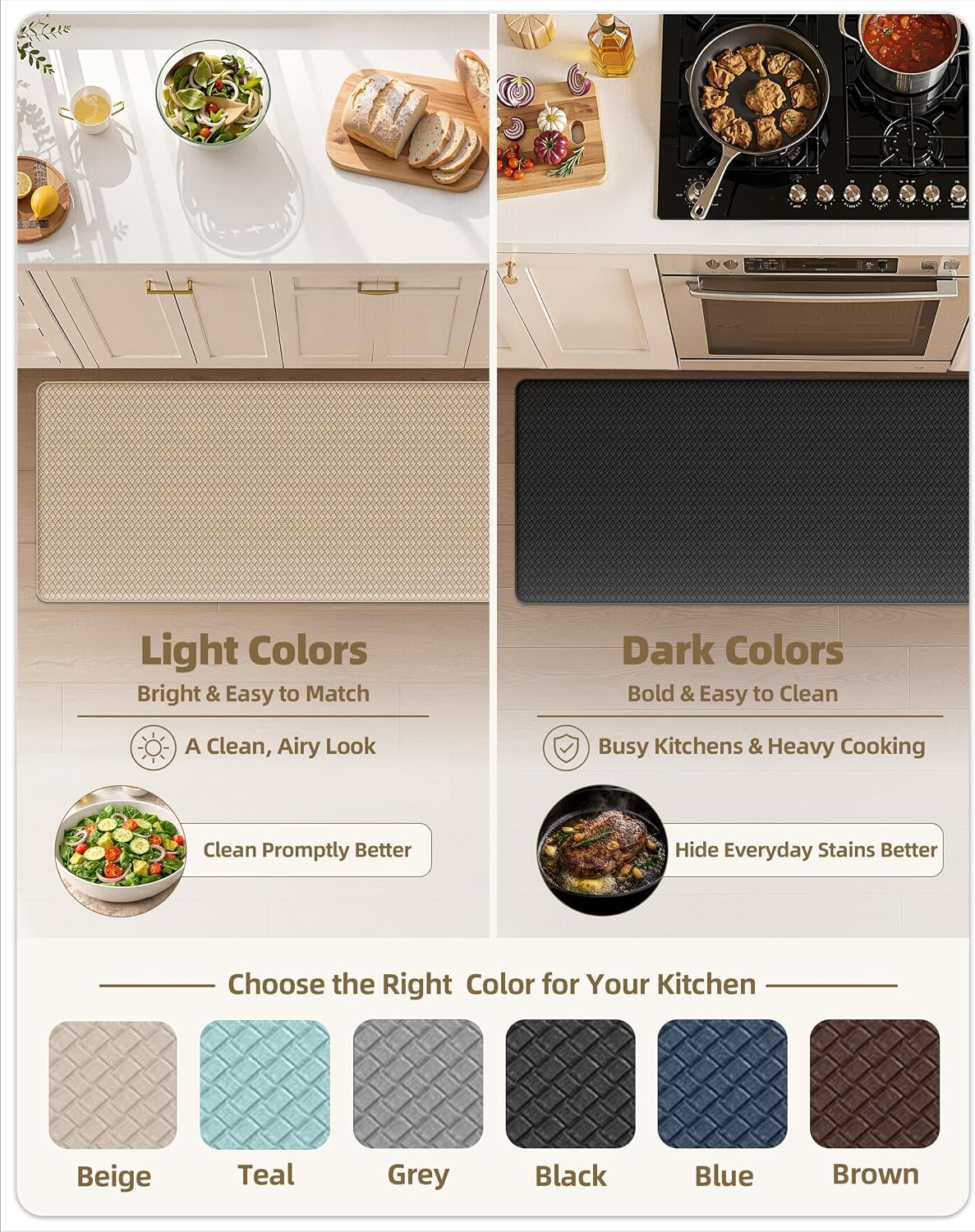 Kitchen Mat for Floor 17X59 anti Fatigue Easy Clean, Beige | Water&Oil Proof, Ideal for Light Cooking/Low Traffic Homes, anti Slip, for Comfort Standing, Bright Kitchen Decor