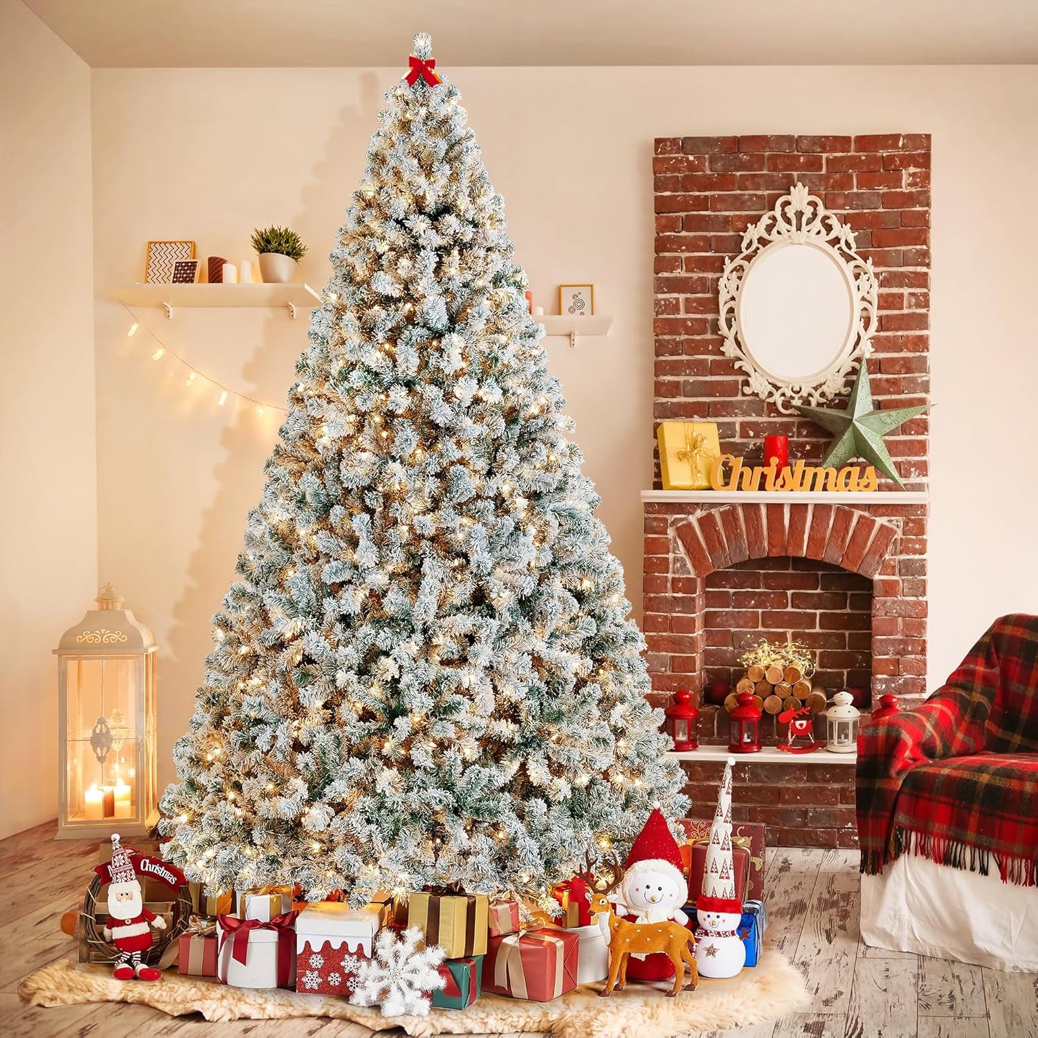 Yaheetech 9Ft Pre-Lit Artificial Christmas Tree with Incandescent Warm White Lights, Snow Flocked Full Prelighted Xmas Tree W/2084 Branch Tips, 900 Incandescent Lights & Foldable Stand, Green & White | 2084 PVC Branch Tips, Full Snowy Realism, Pre-Strung Warm White Lights, Foldable Steel Stand Included. Green & White.