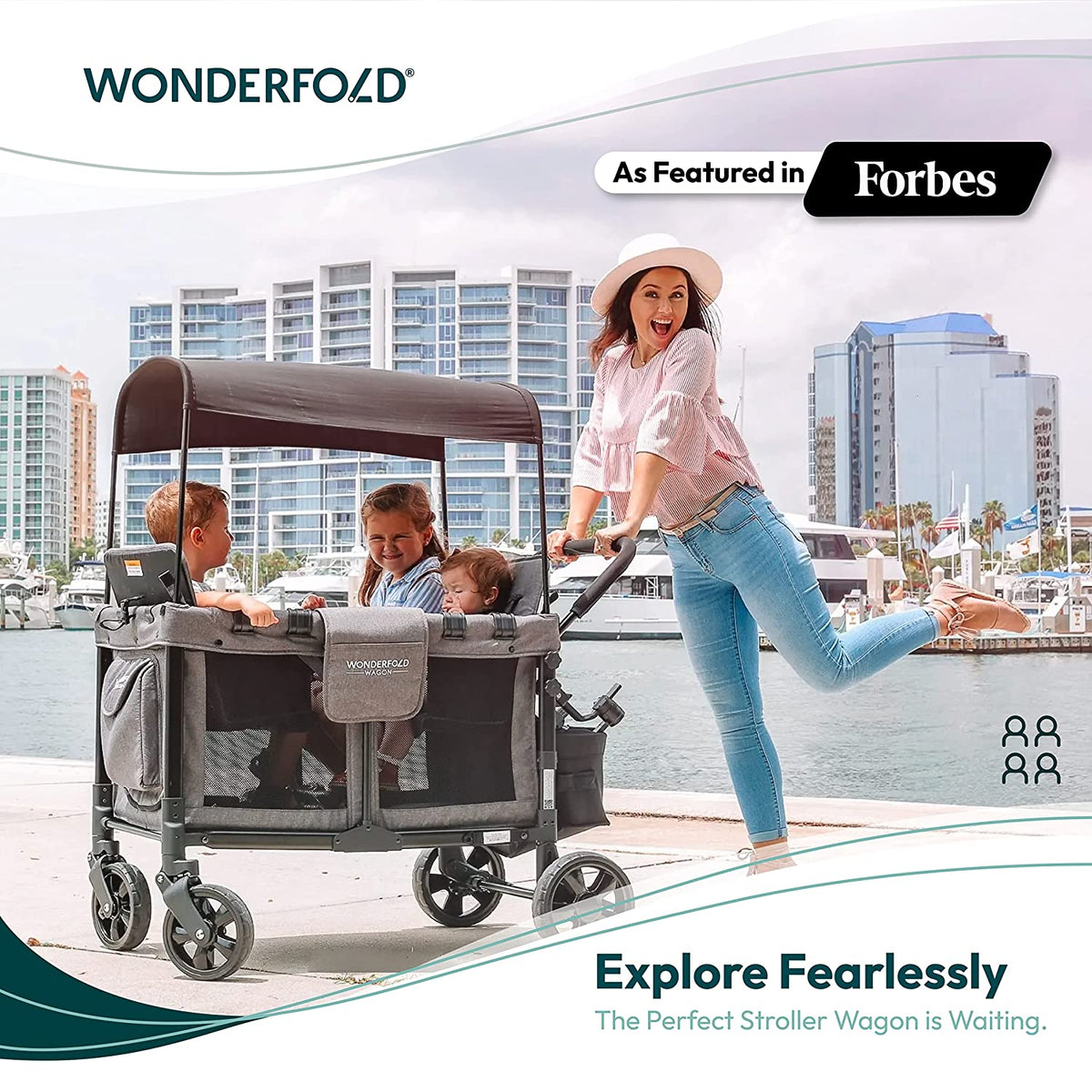 W4 Original Stroller Wagon, 4 Seater, Black | Foldable Wagon with an Adjustable Canopy & Deep Carriage, All-Terrain Wheels & 5-Point Harnesses for Babies, Toddlers & Kids