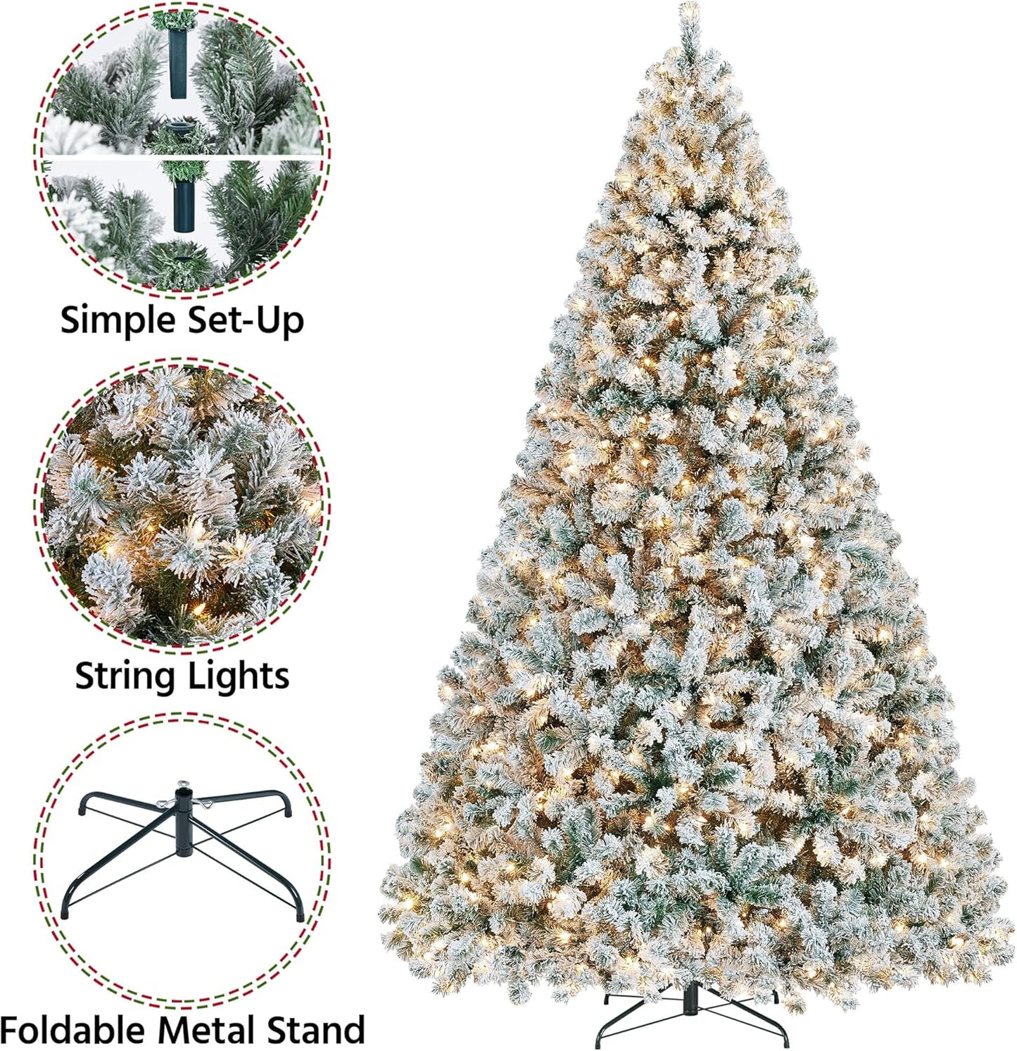 Yaheetech 9Ft Pre-Lit Artificial Christmas Tree with Incandescent Warm White Lights, Snow Flocked Full Prelighted Xmas Tree W/2084 Branch Tips, 900 Incandescent Lights & Foldable Stand, Green & White | 2084 PVC Branch Tips, Full Snowy Realism, Pre-Strung Warm White Lights, Foldable Steel Stand Included. Green & White.