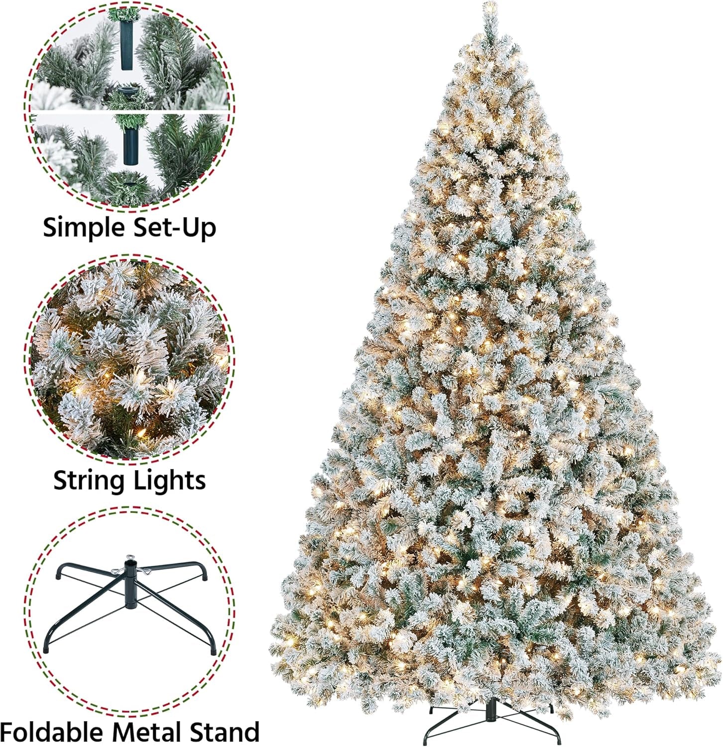 Yaheetech 9Ft Pre-Lit Artificial Christmas Tree with Incandescent Warm White Lights, Snow Flocked Full Prelighted Xmas Tree W/2084 Branch Tips, 900 Incandescent Lights & Foldable Stand, Green & White | 2084 PVC Branch Tips, Full Snowy Realism, Pre-Strung Warm White Lights, Foldable Steel Stand Included. Green & White.
