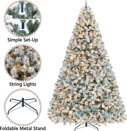 Yaheetech 9Ft Pre-Lit Artificial Christmas Tree with Incandescent Warm White Lights, Snow Flocked Full Prelighted Xmas Tree W/2084 Branch Tips, 900 Incandescent Lights & Foldable Stand, Green & White | 2084 PVC Branch Tips, Full Snowy Realism, Pre-Strung Warm White Lights, Foldable Steel Stand Included. Green & White.
