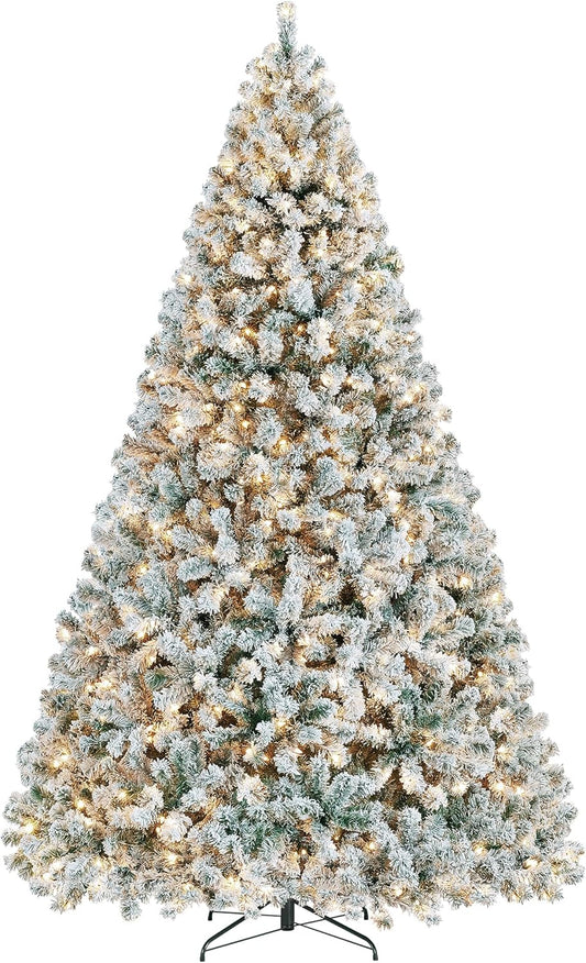 Yaheetech 9Ft Pre-Lit Artificial Christmas Tree with Incandescent Warm White Lights, Snow Flocked Full Prelighted Xmas Tree W/2084 Branch Tips, 900 Incandescent Lights & Foldable Stand, Green & White | 2084 PVC Branch Tips, Full Snowy Realism, Pre-Strung Warm White Lights, Foldable Steel Stand Included. Green & White.