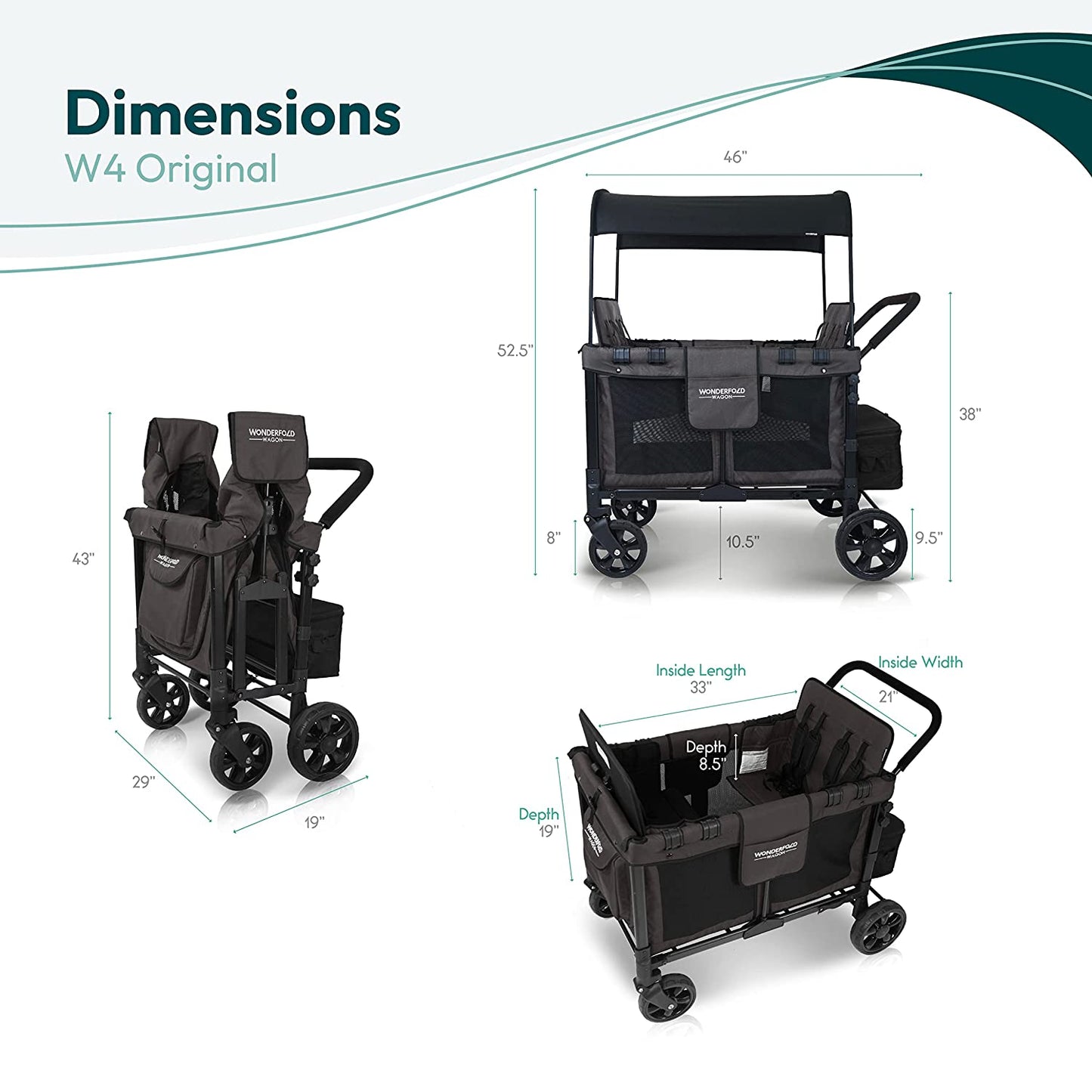 W4 Original Stroller Wagon, 4 Seater, Black | Foldable Wagon with an Adjustable Canopy & Deep Carriage, All-Terrain Wheels & 5-Point Harnesses for Babies, Toddlers & Kids