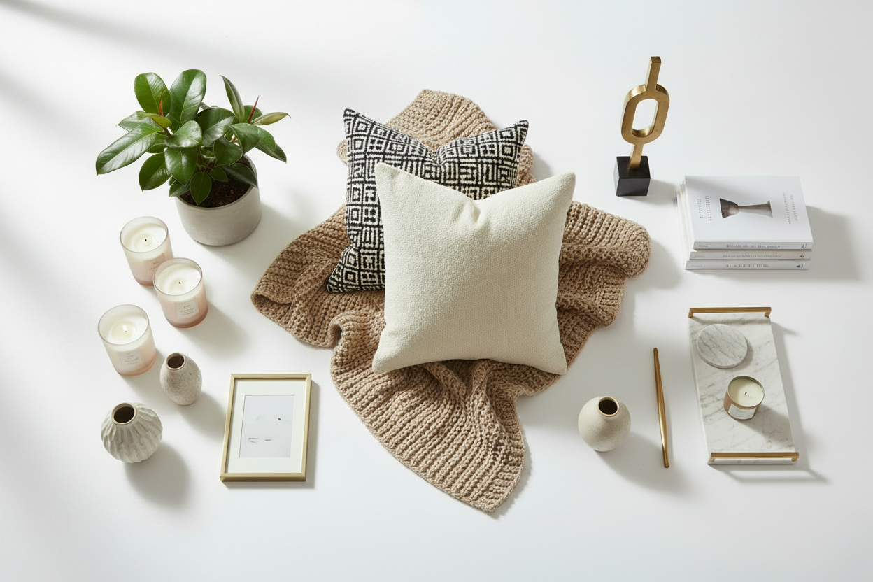 A styled flat-lay of home decor items on a white surface, including a cream throw pillow, a beige knit blanket, a black-and-white geometric patterned pillow, candles, ceramic vases, a small plant, books, a tray, and a gold sculpture.