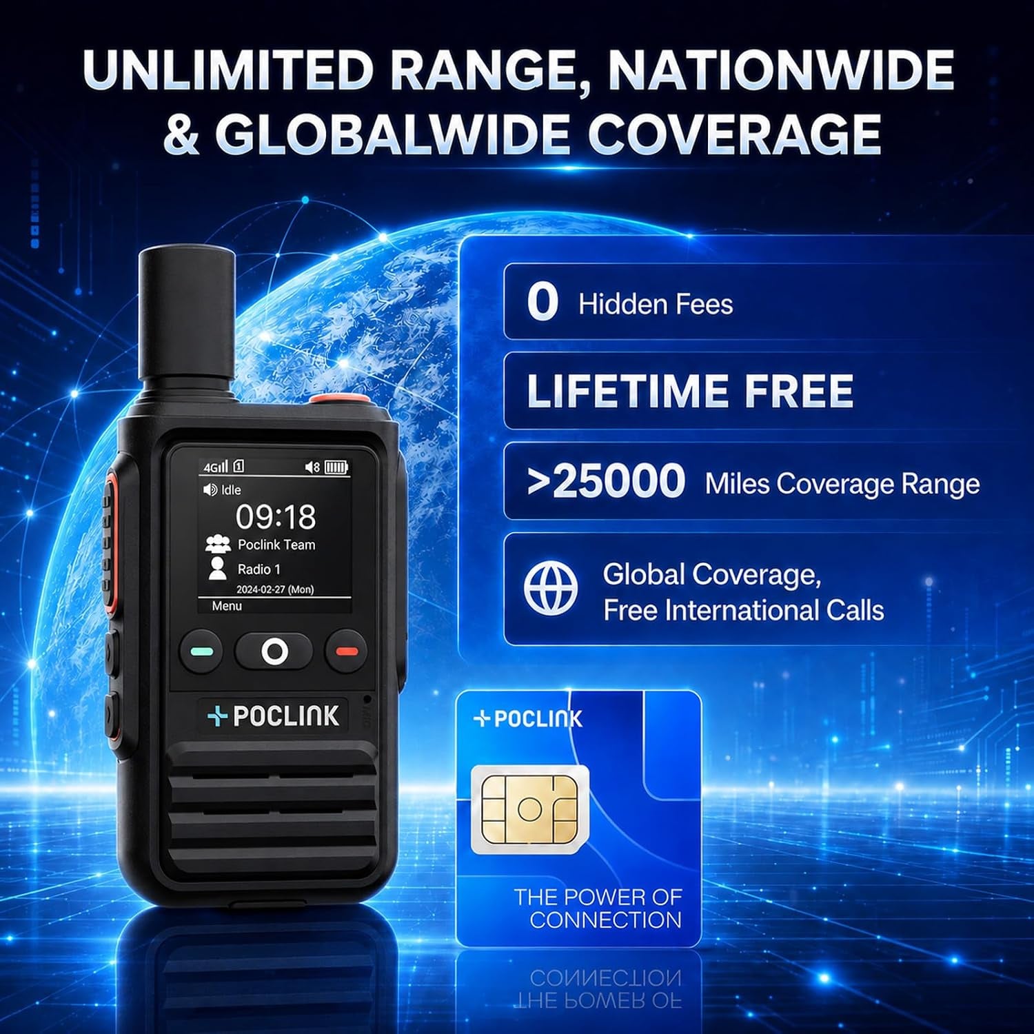 Lifetime Free Global Walkie Talkies Long Range, POC-1 Lite, 4G LTE Unlimited Range POC Two-Way Radios with Bluetooth & APP, 3000Mah Rechargeable Walkie Talkies, Support User Self-Group Creation