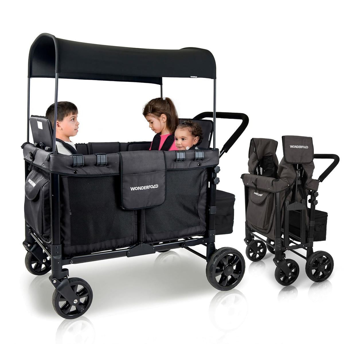 W4 Original Stroller Wagon, 4 Seater, Black | Foldable Wagon with an Adjustable Canopy & Deep Carriage, All-Terrain Wheels & 5-Point Harnesses for Babies, Toddlers & Kids