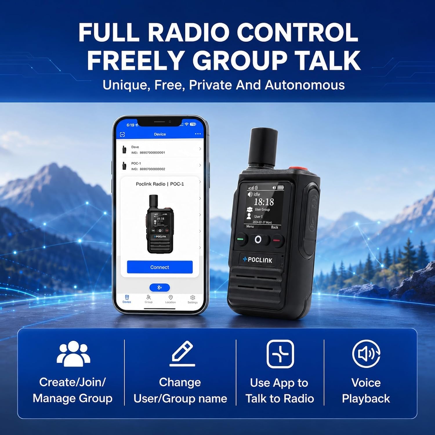 Lifetime Free Global Walkie Talkies Long Range, POC-1 Lite, 4G LTE Unlimited Range POC Two-Way Radios with Bluetooth & APP, 3000Mah Rechargeable Walkie Talkies, Support User Self-Group Creation