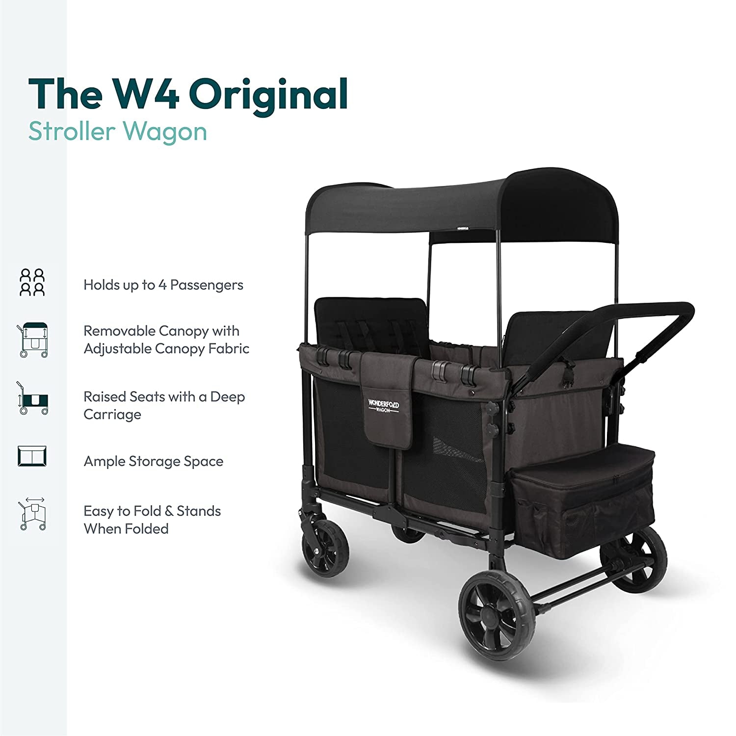 W4 Original Stroller Wagon, 4 Seater, Black | Foldable Wagon with an Adjustable Canopy & Deep Carriage, All-Terrain Wheels & 5-Point Harnesses for Babies, Toddlers & Kids